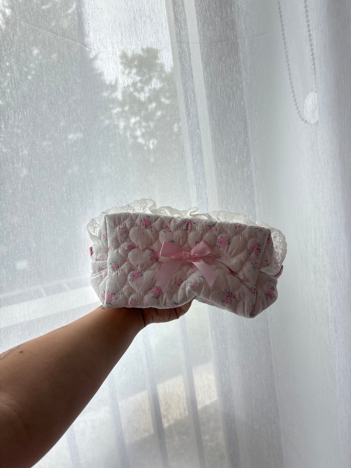Pink Quilted Floral Makeup Bag