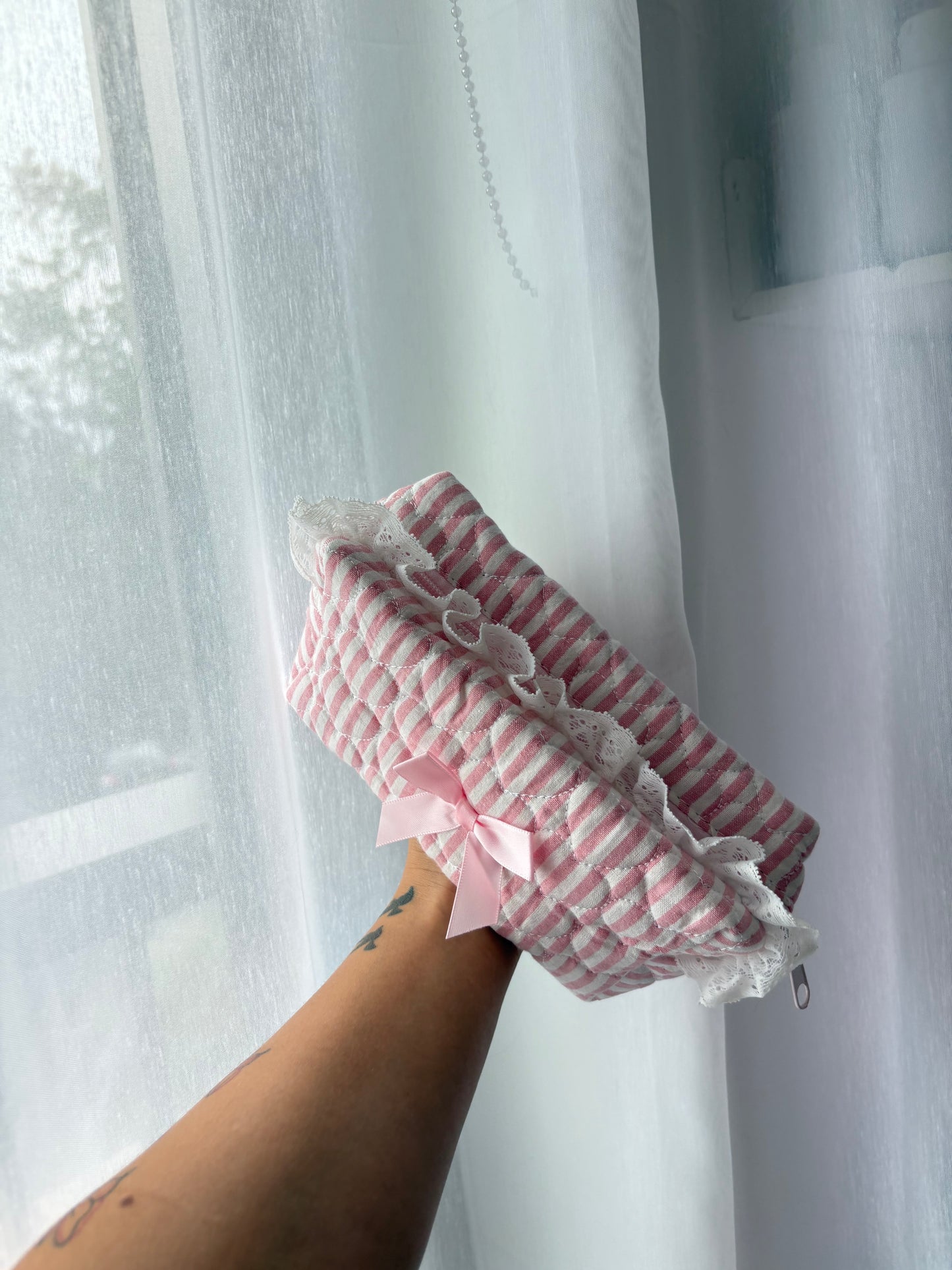 Pink Gingham Quilted Makeup Bag