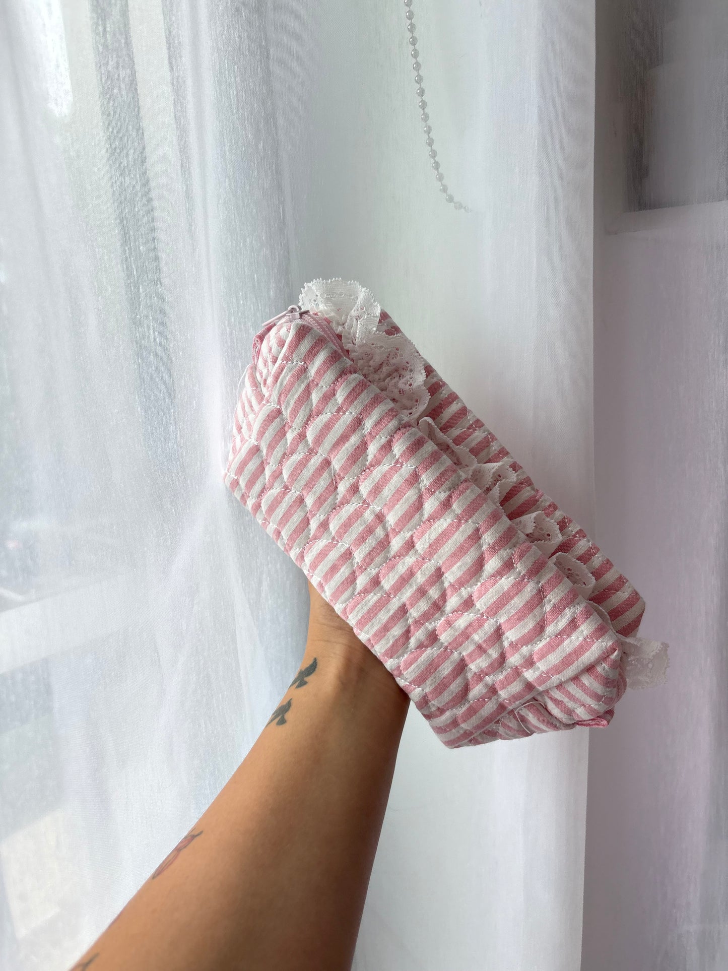 Pink Gingham Quilted Makeup Bag