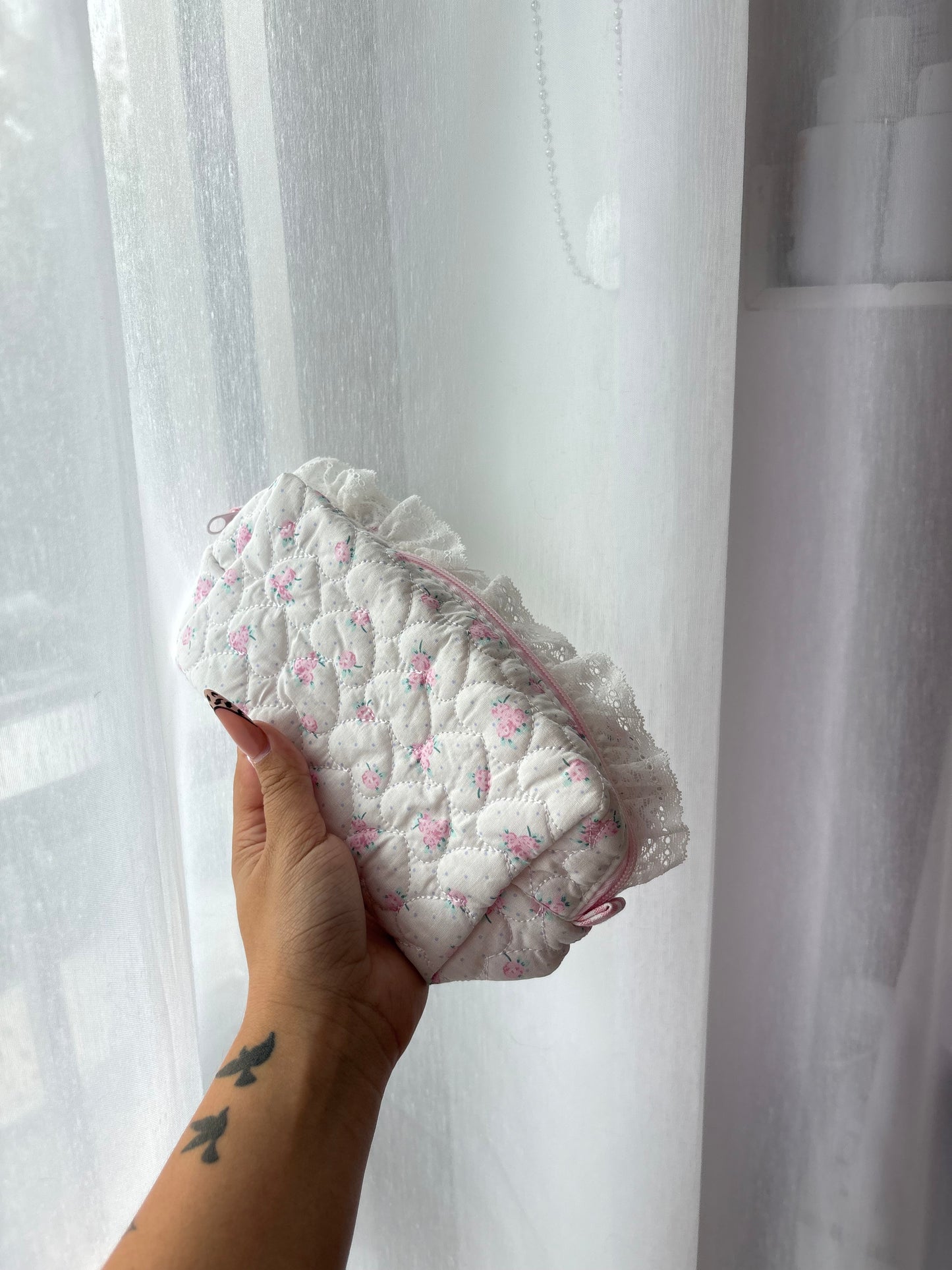 Pink Quilted Floral Makeup Bag