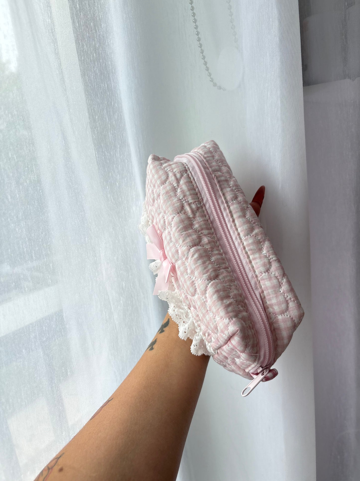 Pink Stripe Quilted Makeup Bag