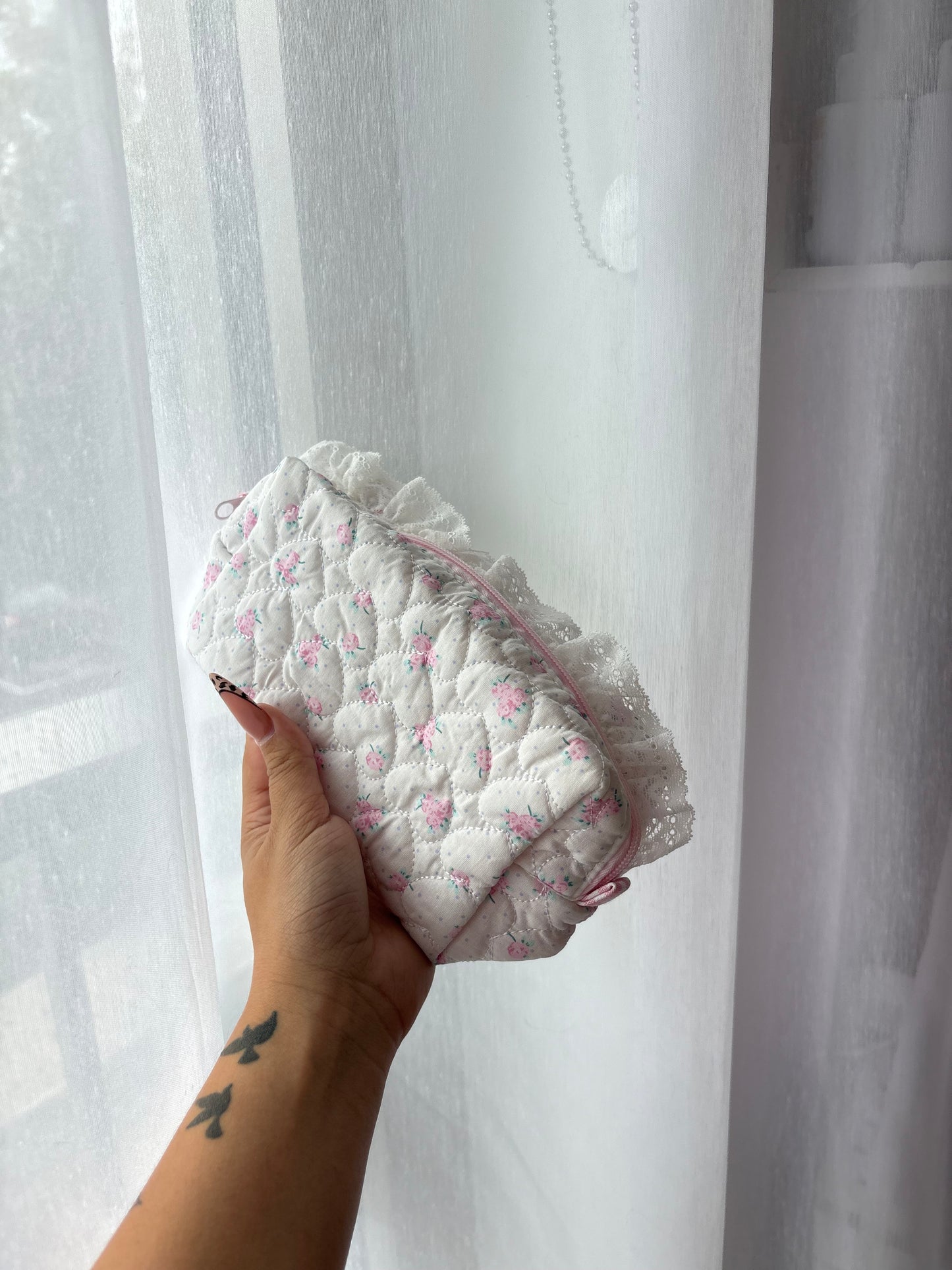Pink Quilted Floral Makeup Bag