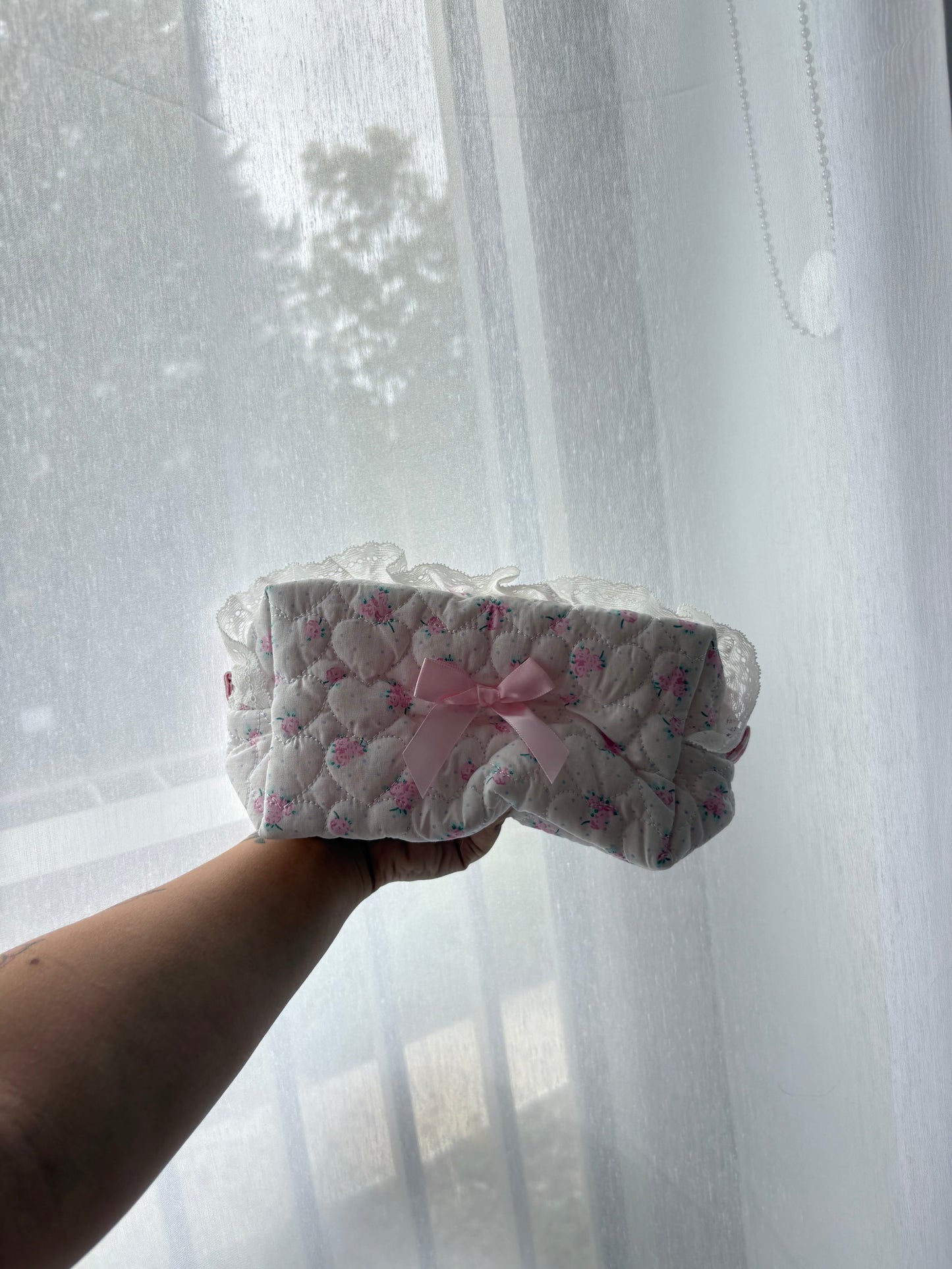 Pink Quilted Floral Makeup Bag