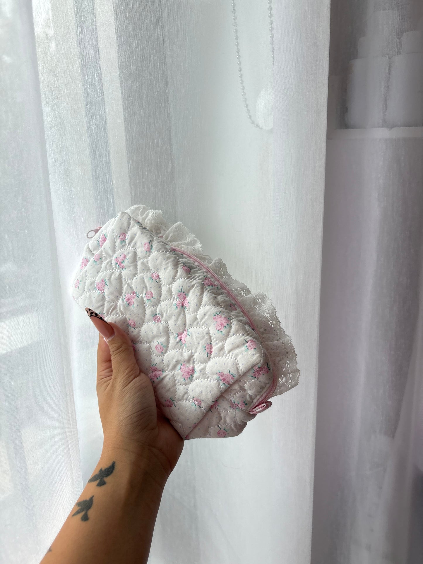 Pink Quilted Floral Makeup Bag