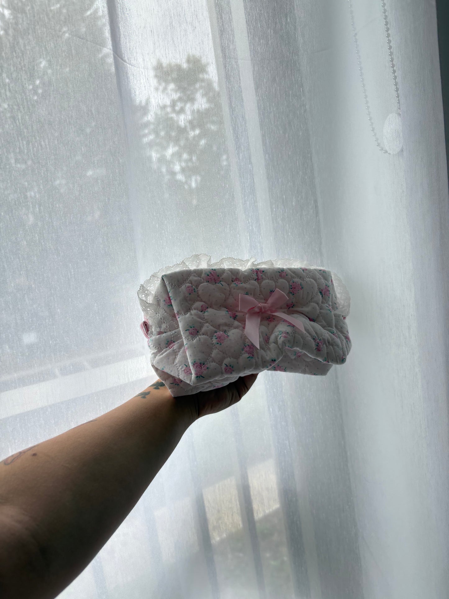 Pink Quilted Floral Makeup Bag