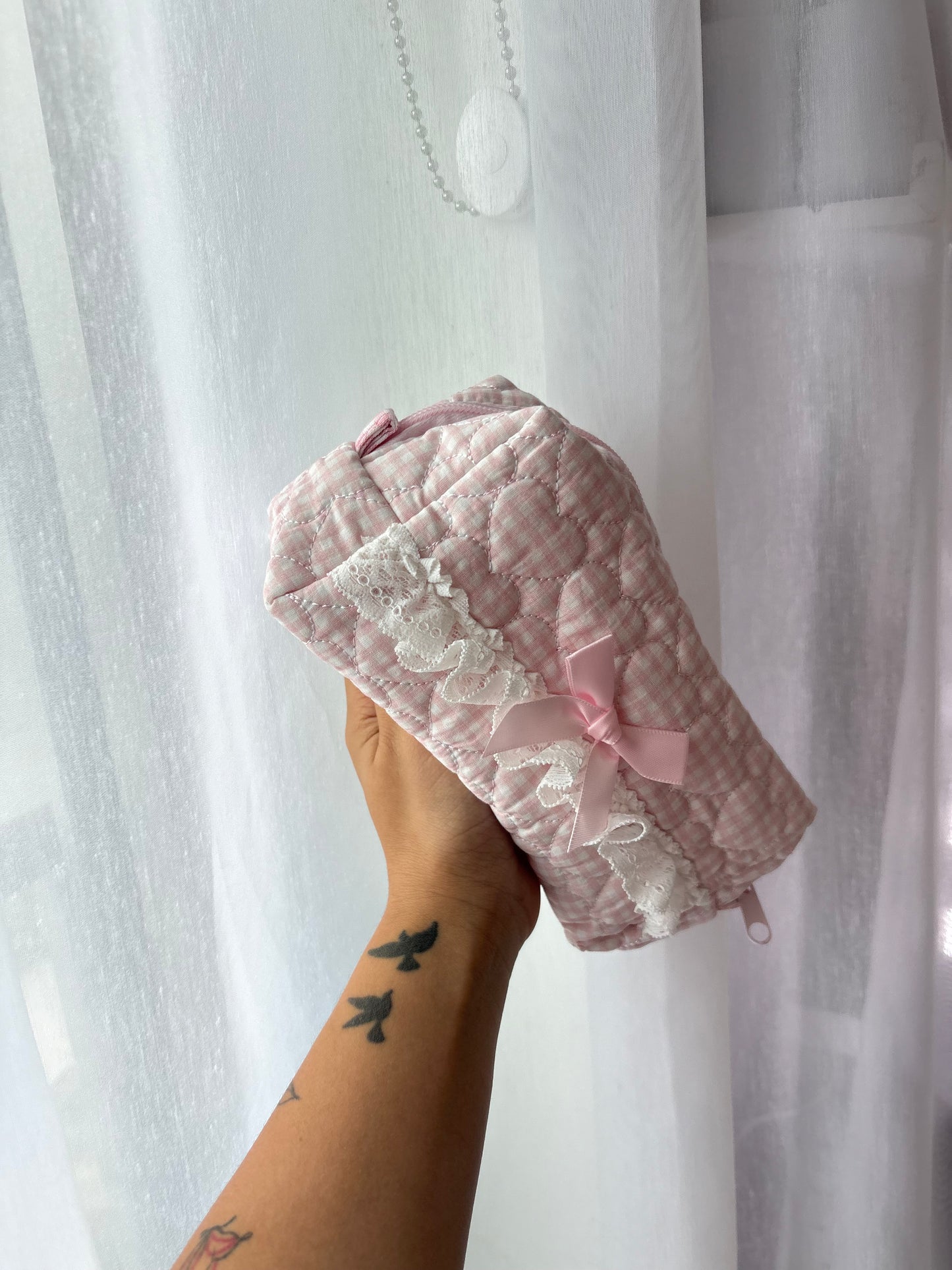 Pink Stripe Quilted Makeup Bag