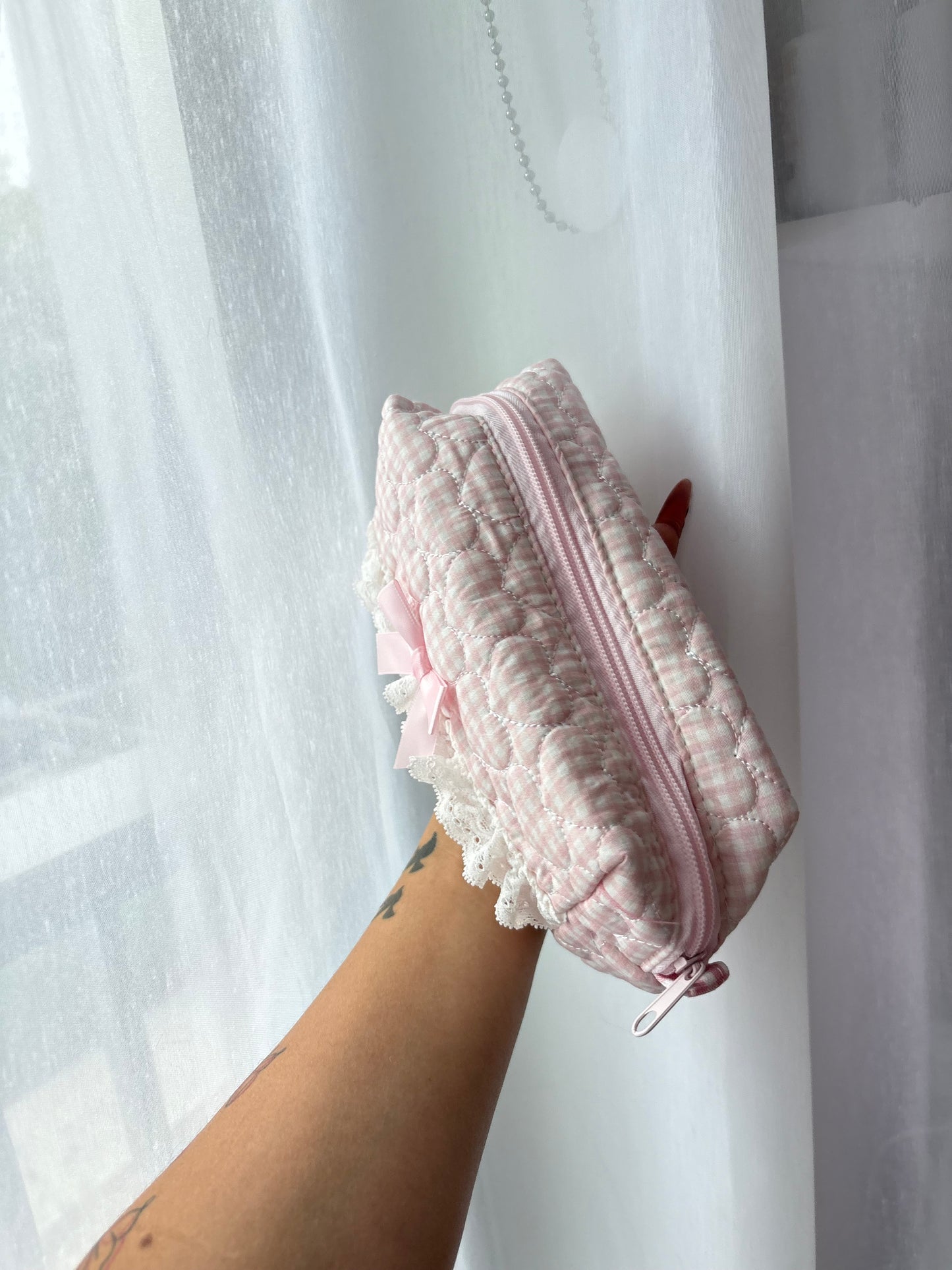 Pink Stripe Quilted Makeup Bag