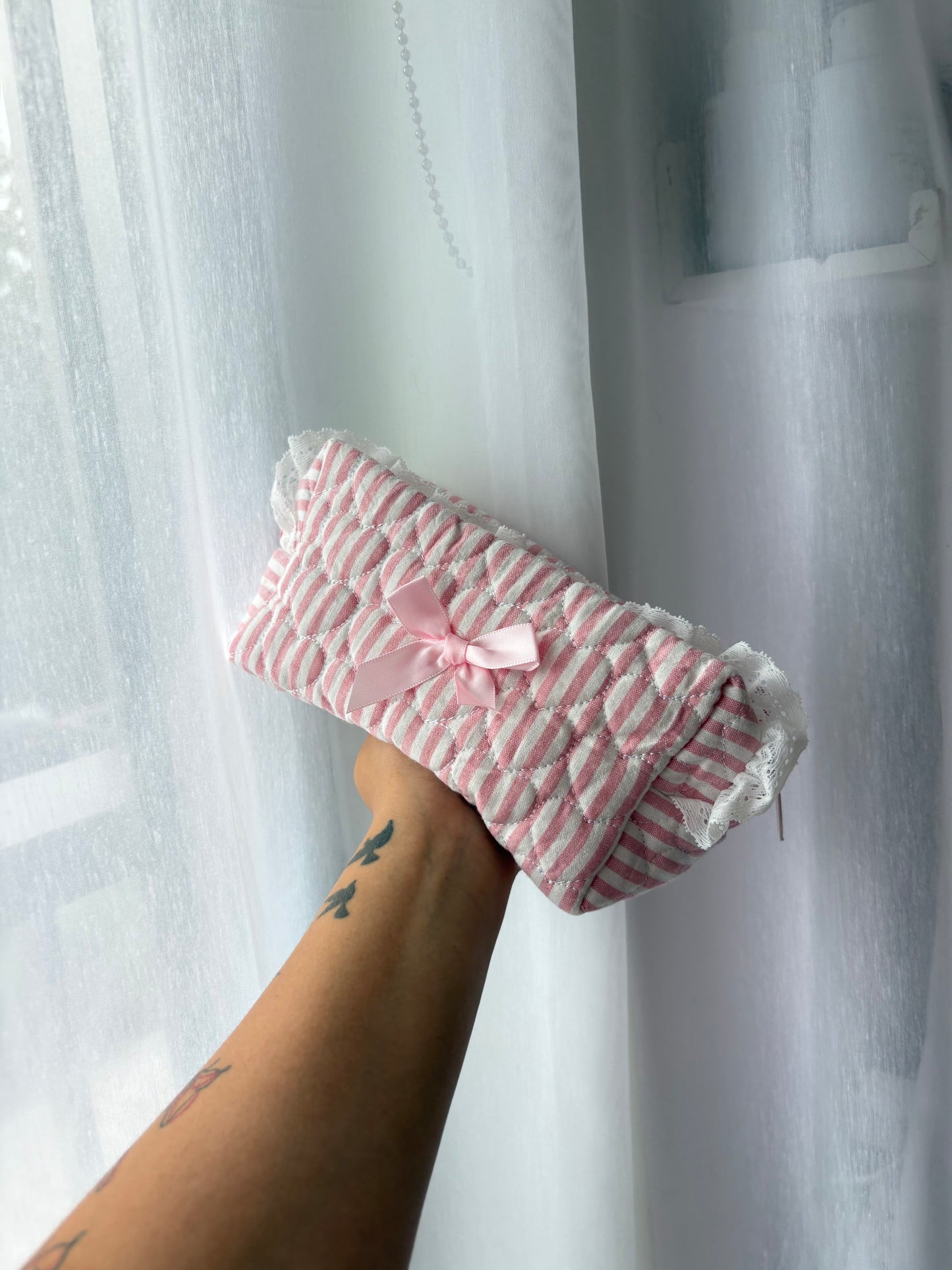 Pink Gingham Quilted Makeup Bag