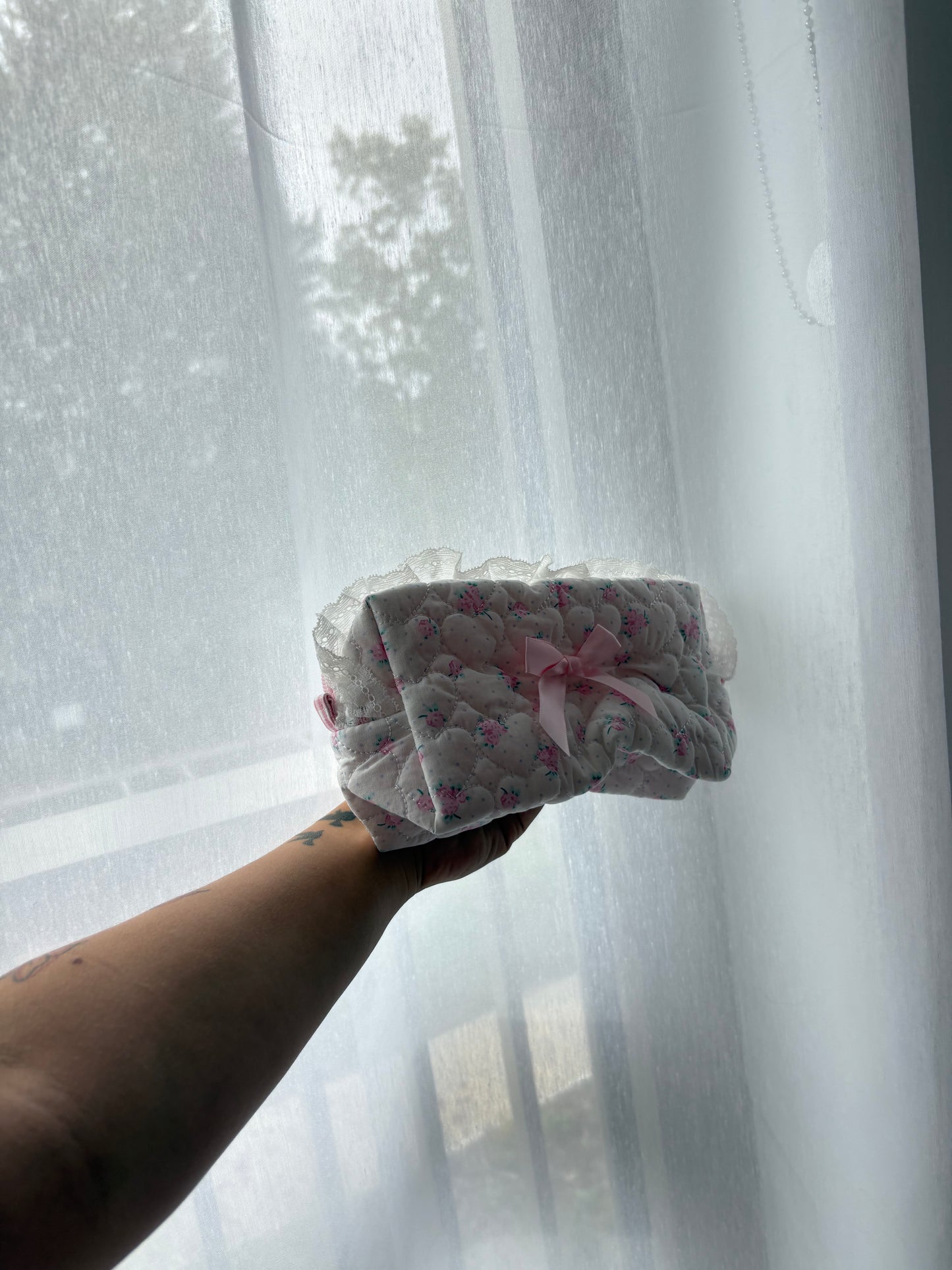 Pink Quilted Floral Makeup Bag