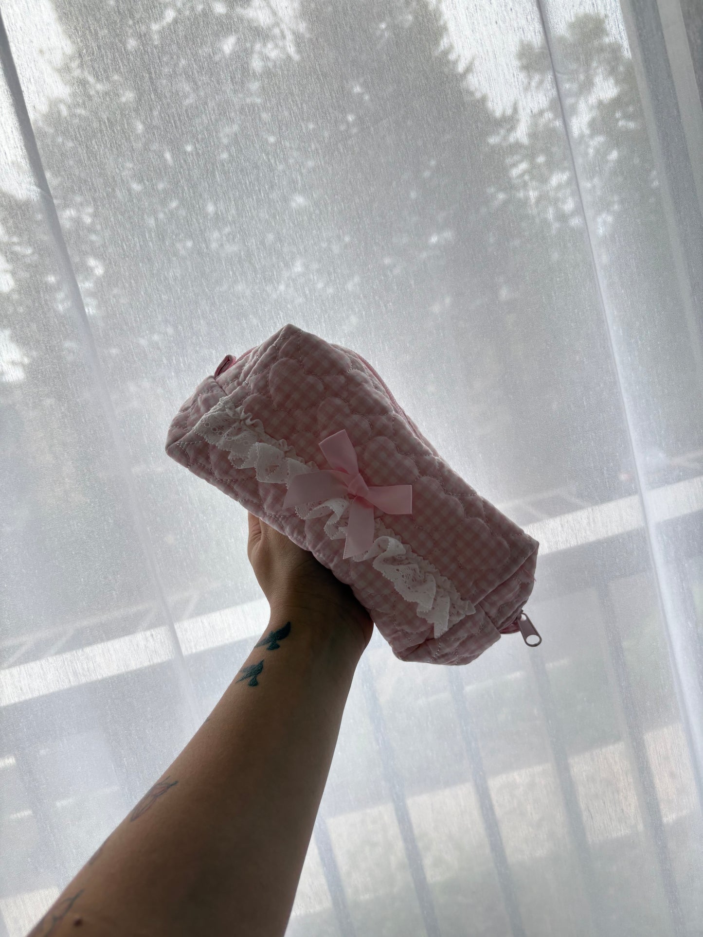Pink Stripe Quilted Makeup Bag