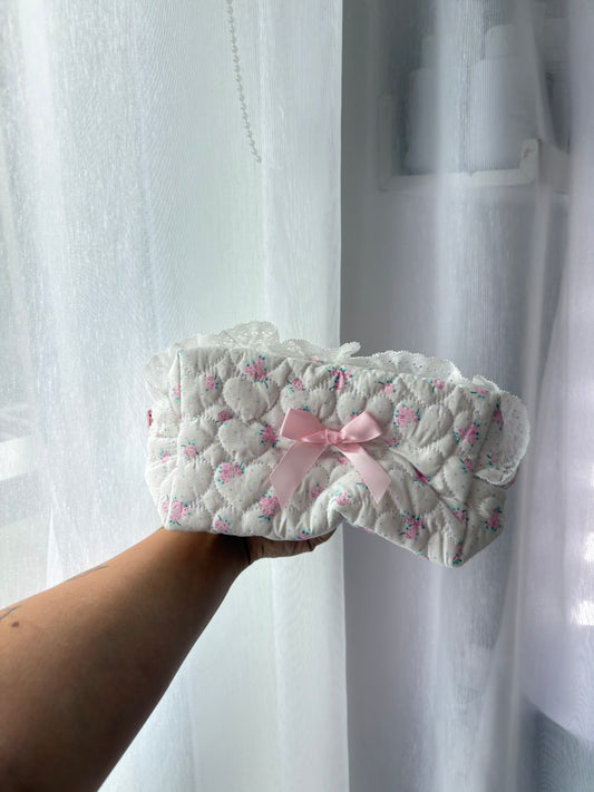 Pink Quilted Floral Makeup Bag