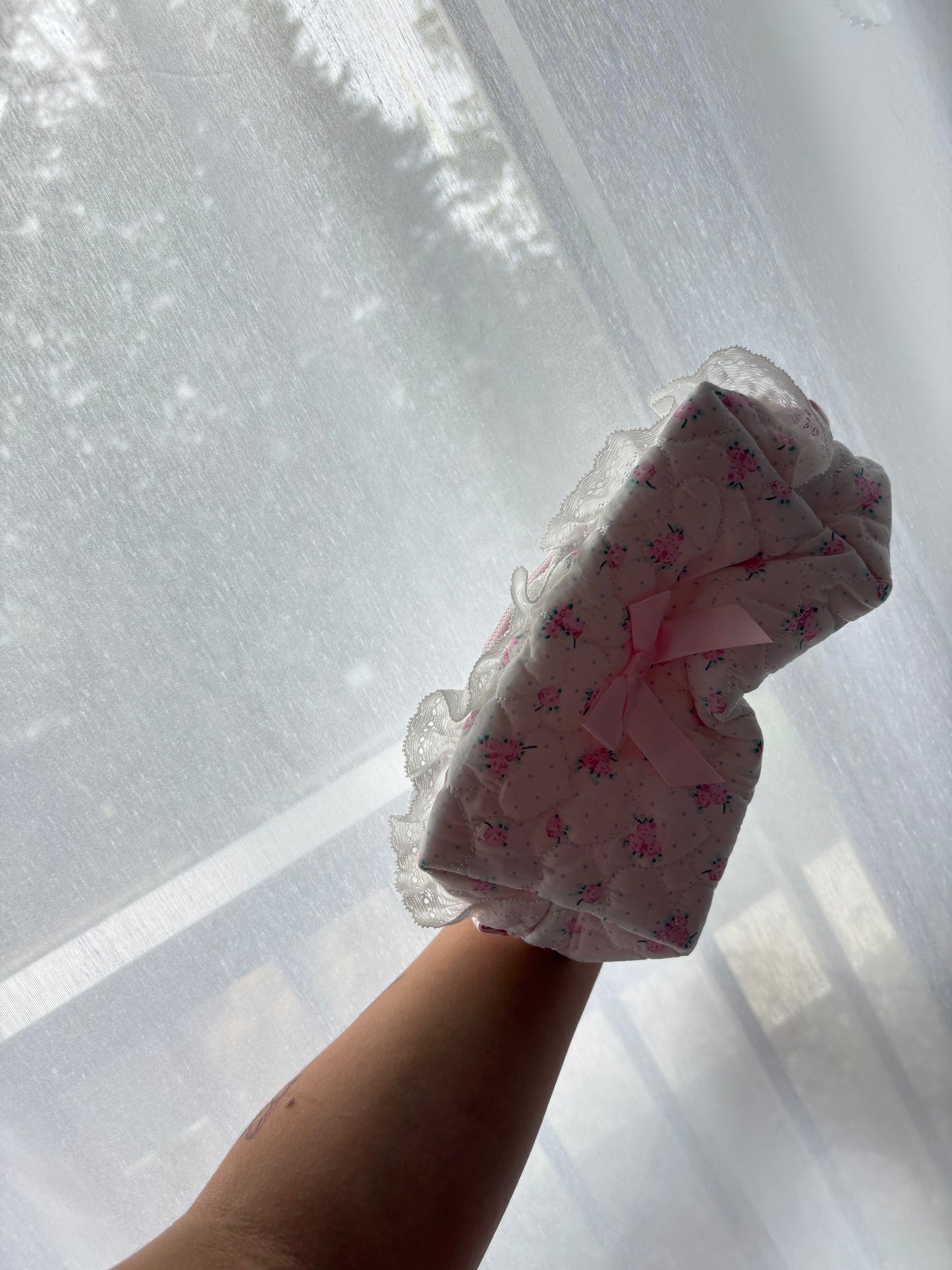 Pink Quilted Floral Makeup Bag