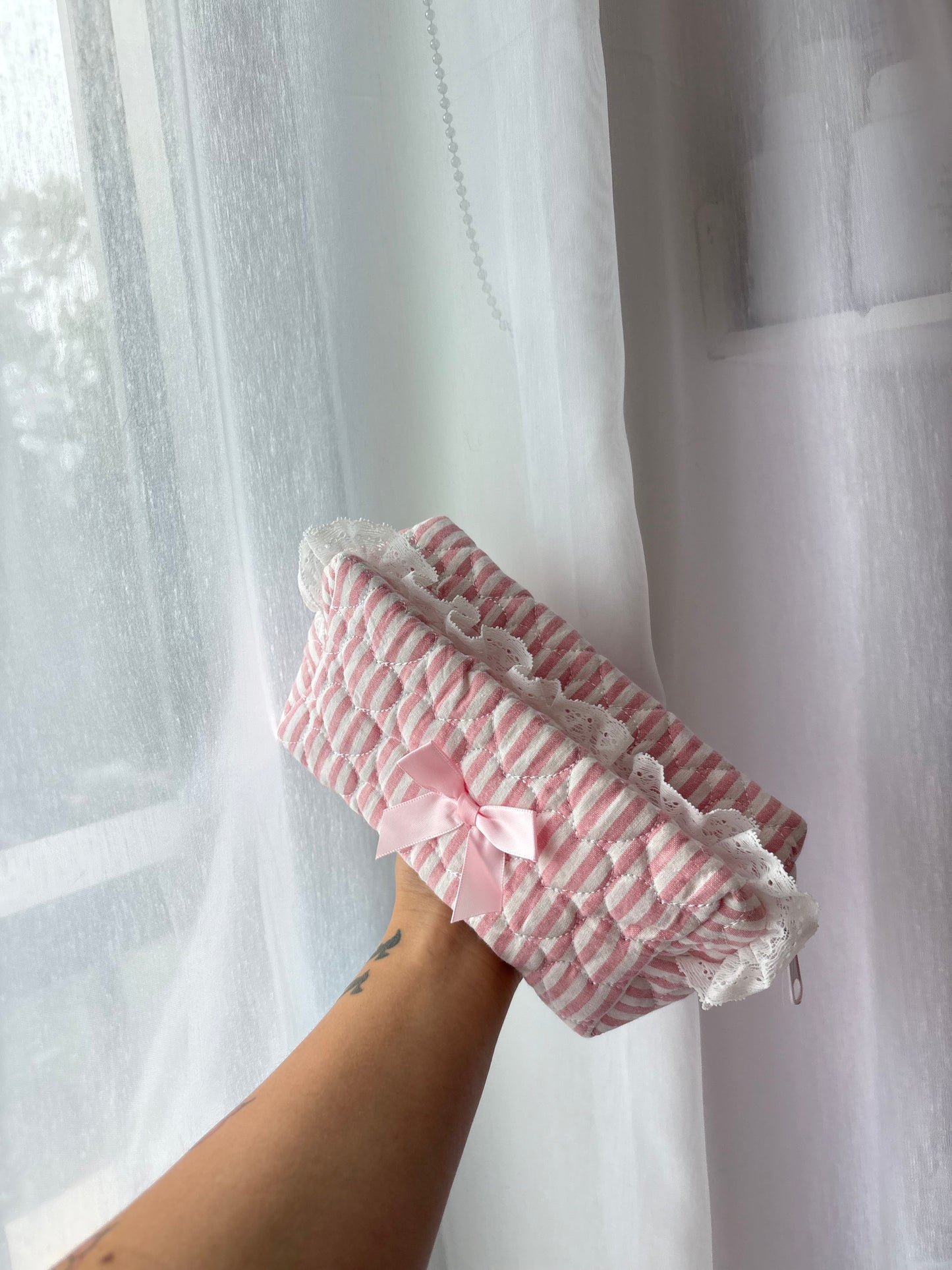 Pink Gingham Quilted Makeup Bag
