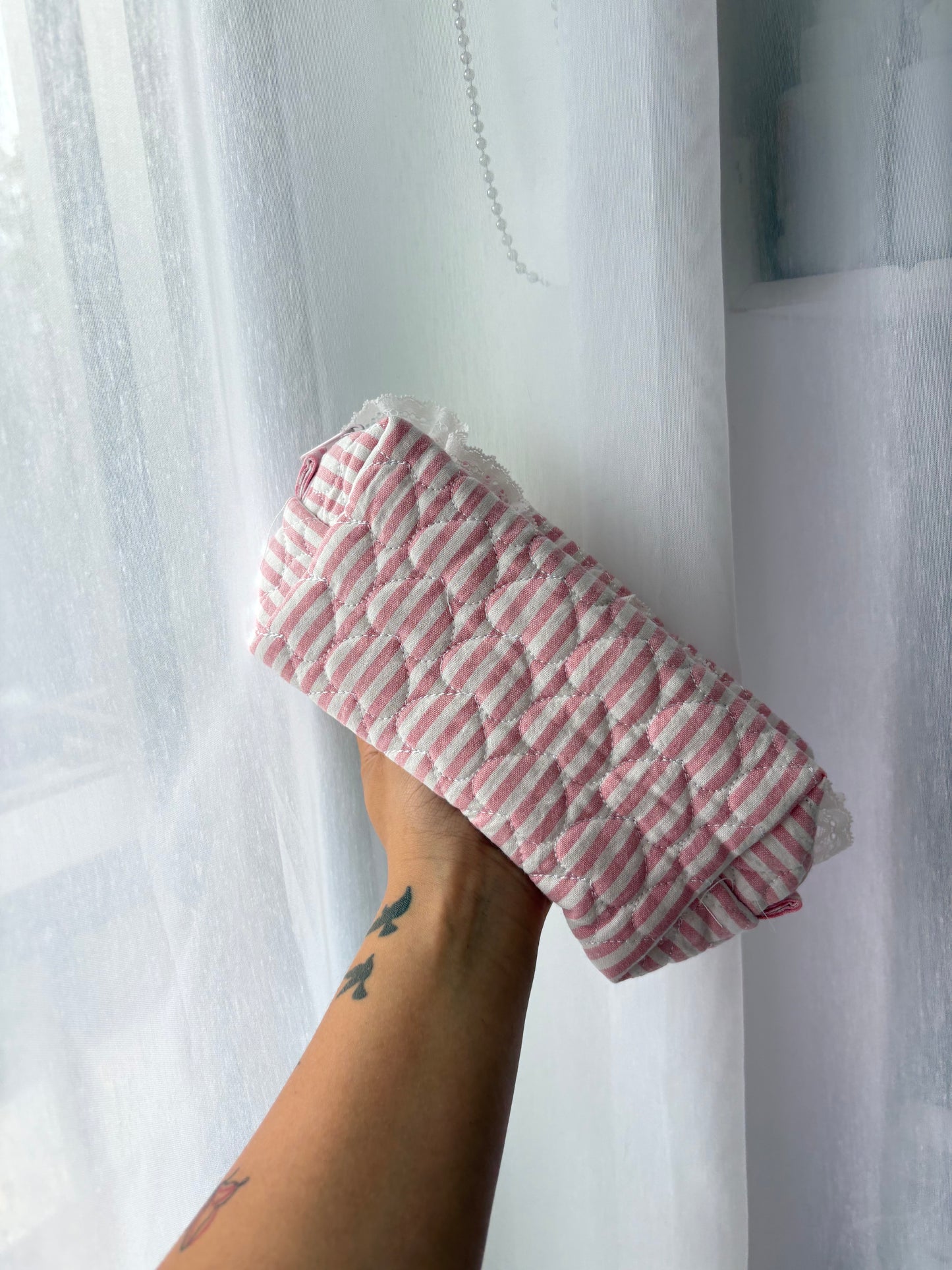 Pink Gingham Quilted Makeup Bag