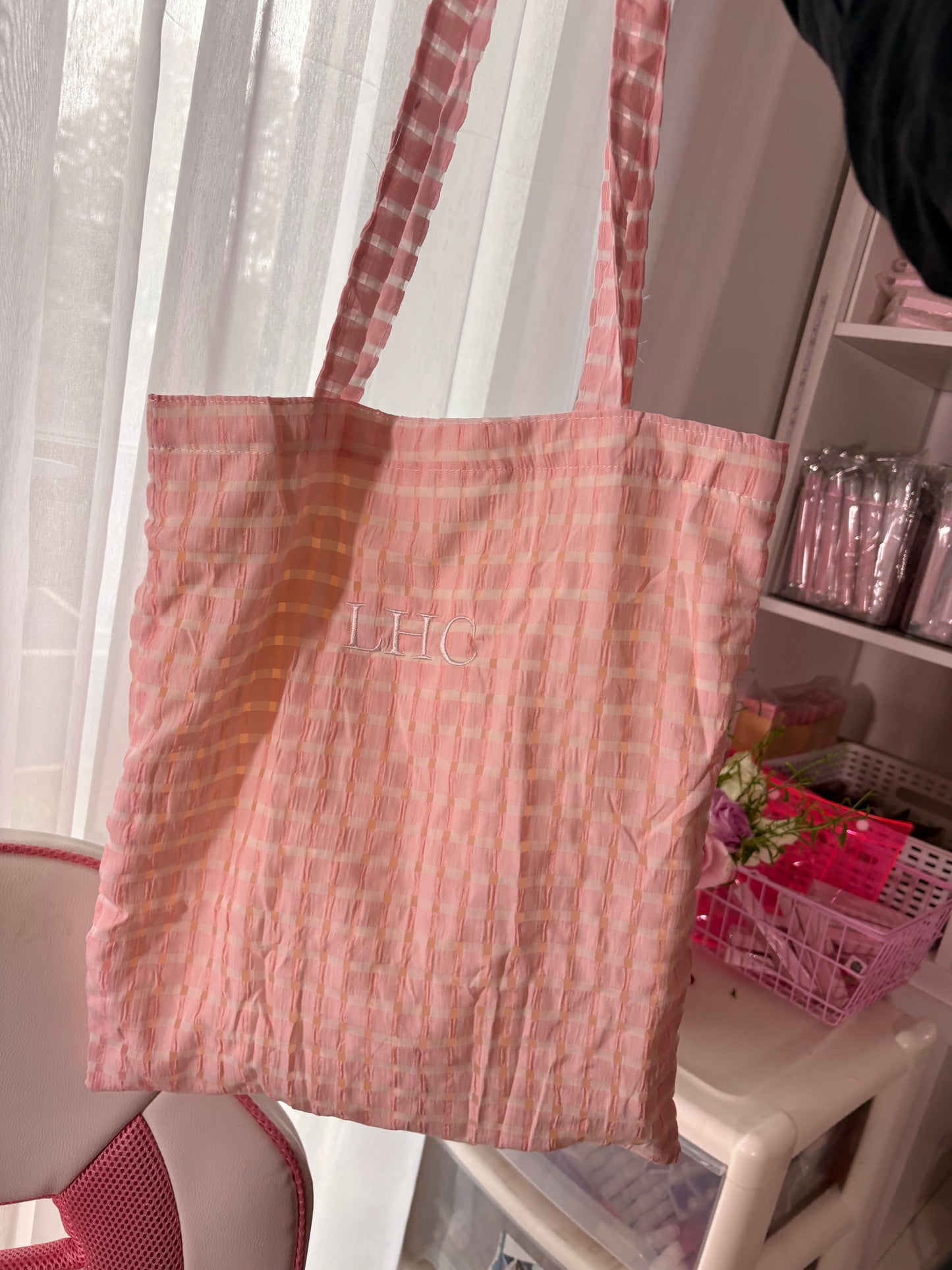 Tote Bag Waffle Print Baby Pink