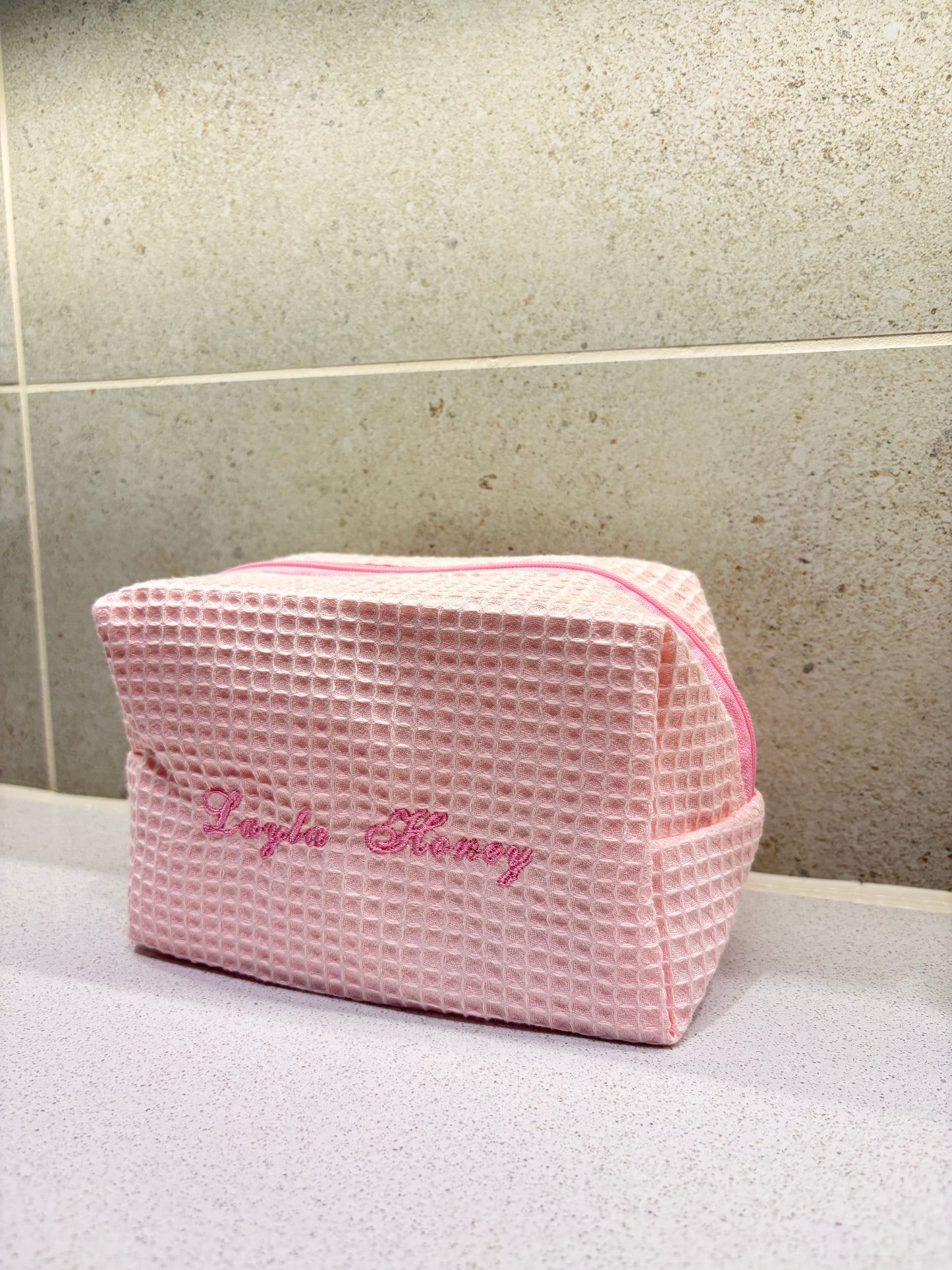 Pink Waffle Makeup Bag