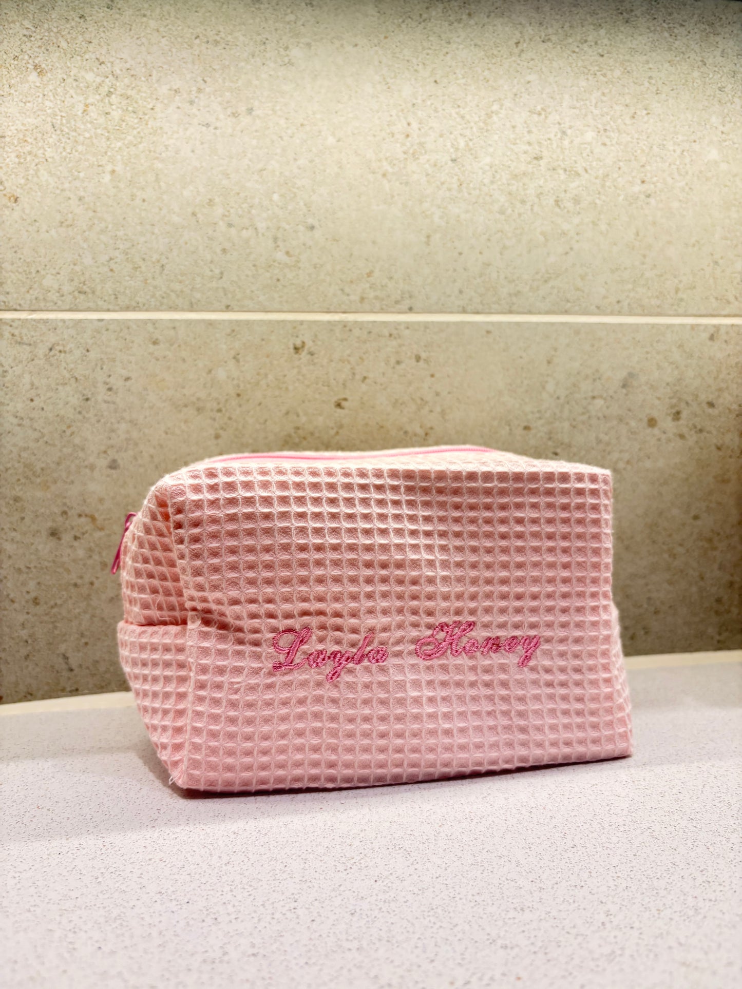 Pink Waffle Makeup Bag
