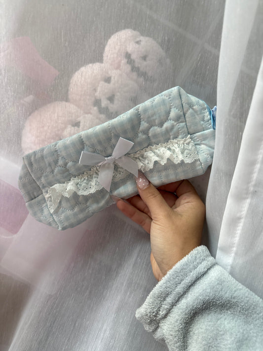 Blue Gingham Quilted Makeup Bag