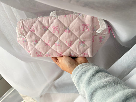 Pink Bow Roses Makeup Bag