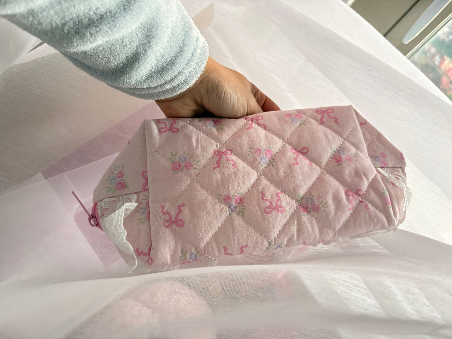 Pink Bow Roses Makeup Bag