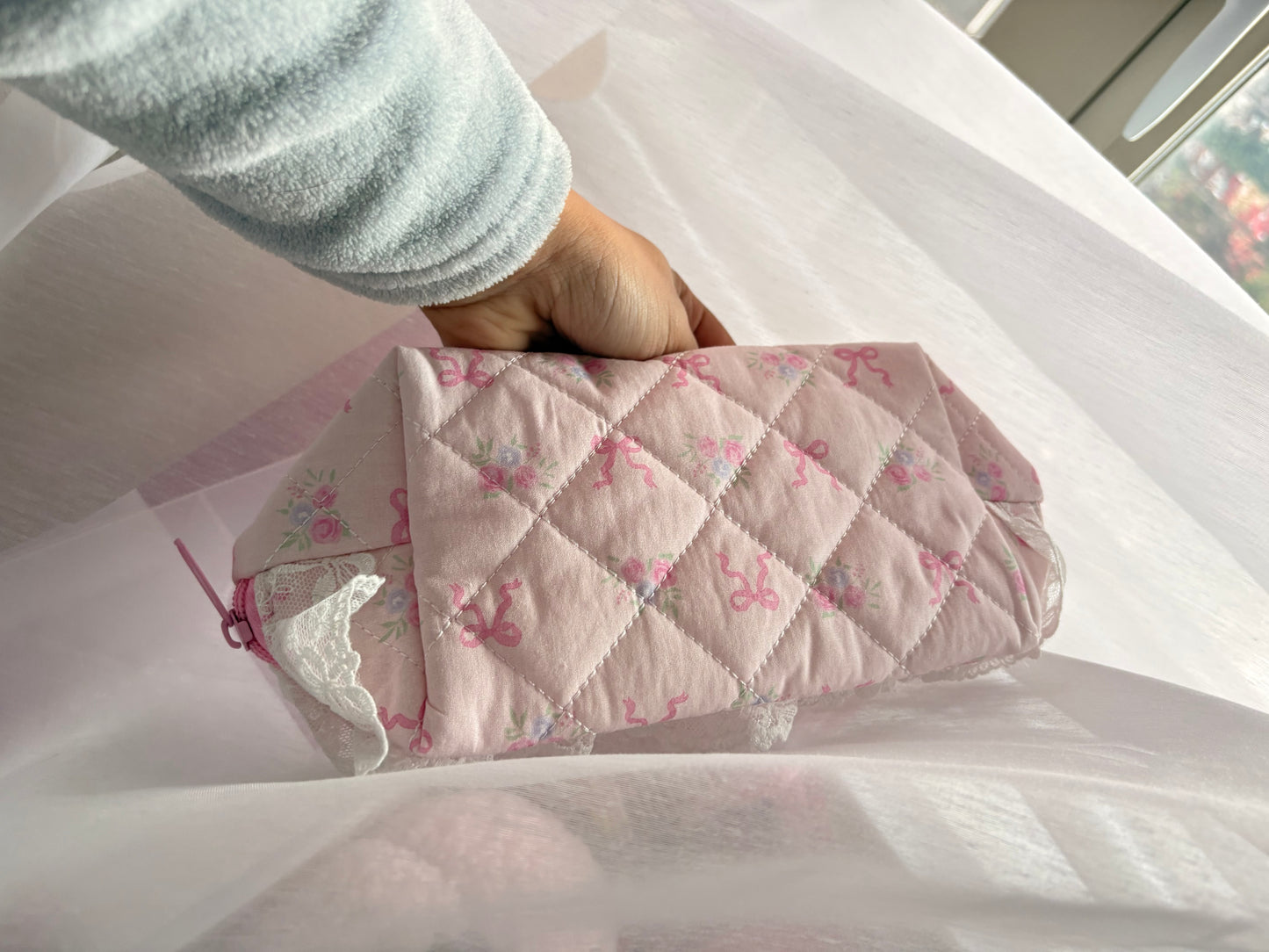 Pink Bow Roses Makeup Bag